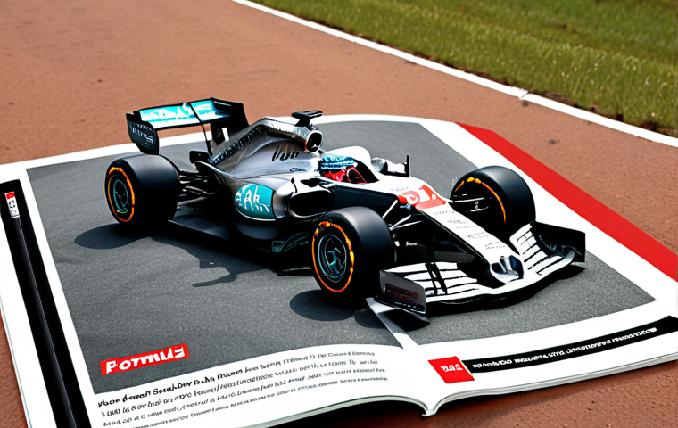 **A high-speed Formula 1 race car cornering sharply, with the magazine "Formule 1 Magazine" subtly visible in the background, showcasing detailed technical analysis and strategy.** (Focus: Formula 1 Magazine)
